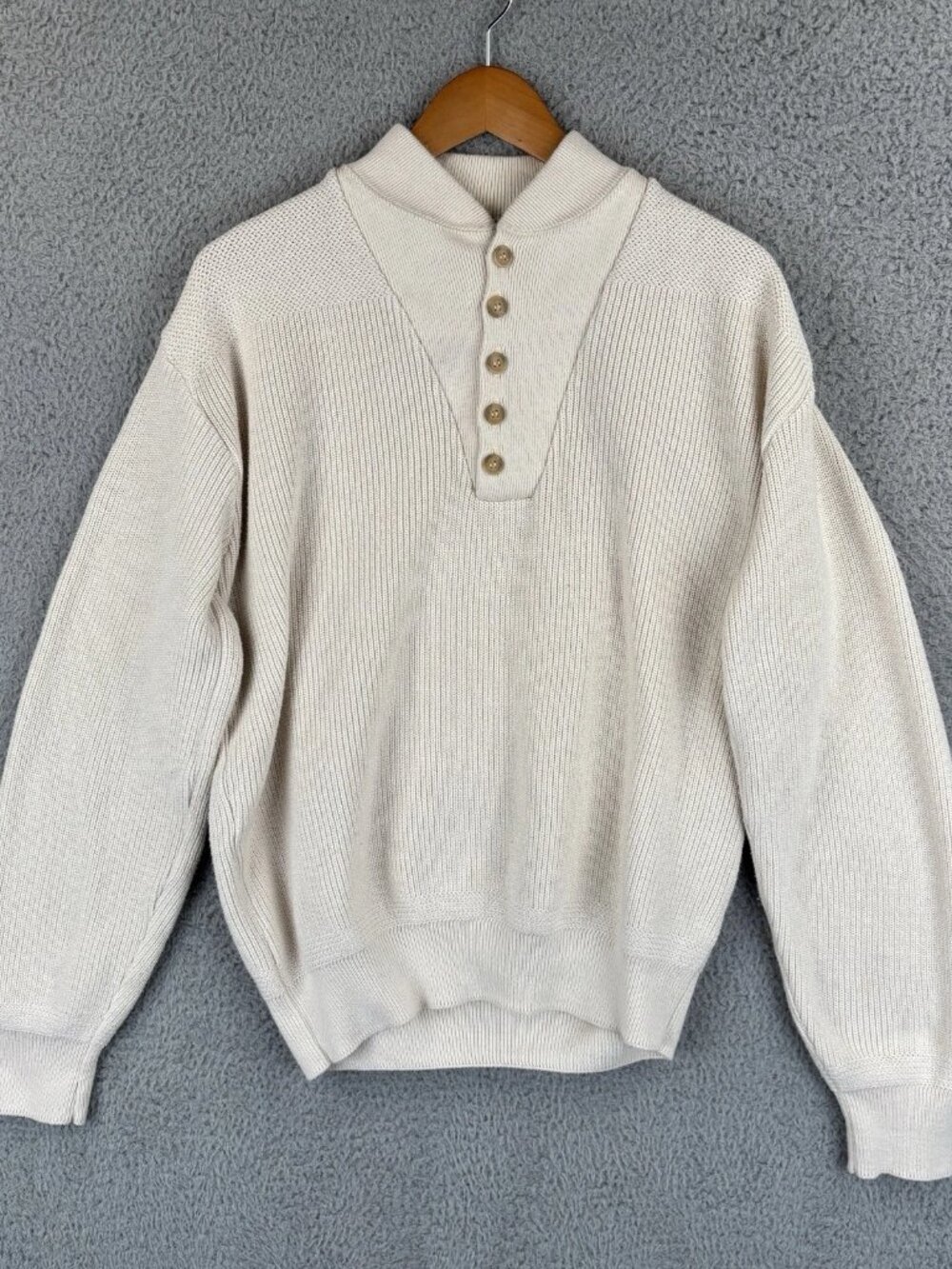 Vintage L.L. Bean Henley Sweater Mens Large Beige Fisherman Knit Cotton Made USA